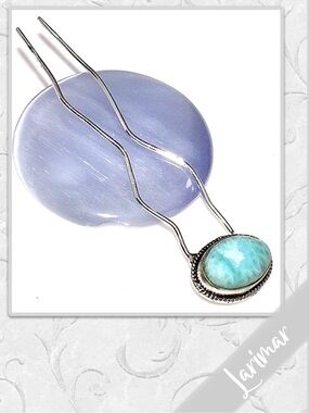 Larimar Large Eclectic Silver Artisan Hair Pin, 3.9” Aqua/Turquoise Blue, White